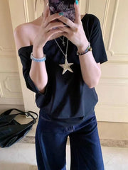Casual Design Off Shoulder Solid Short Sleeve Chic Loose T-shirts Mssza