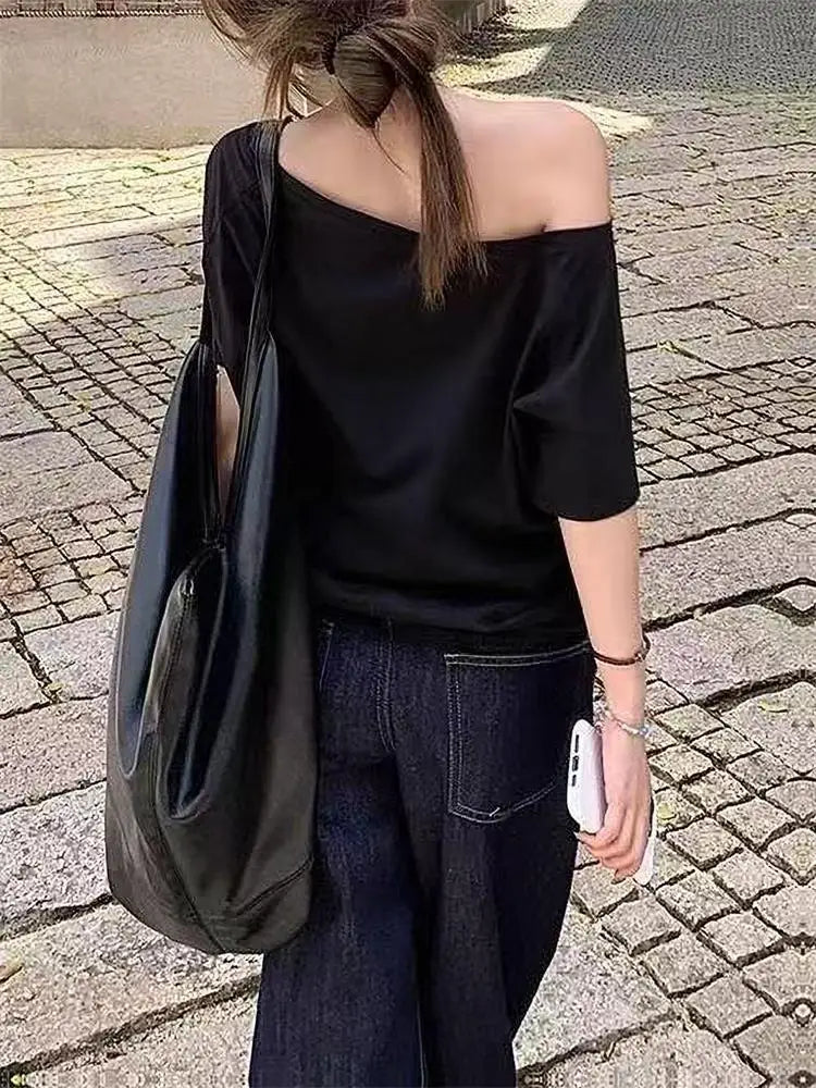 Casual Design Off Shoulder Solid Short Sleeve Chic Loose T-shirts Mssza