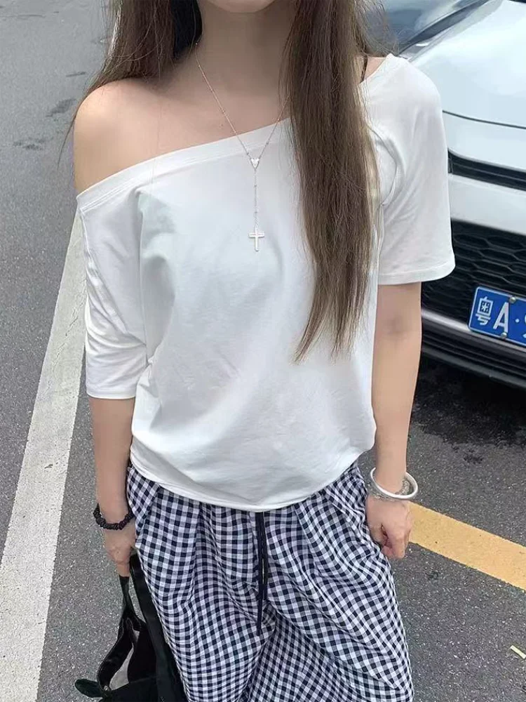 Casual Design Off Shoulder Solid Short Sleeve Chic Loose T-shirts Mssza