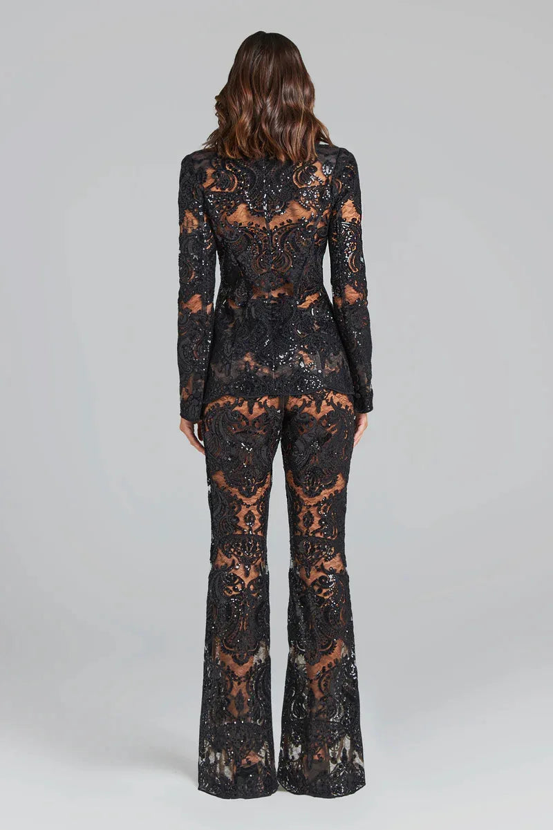Casual Designer Single Button Zipper Fly Lace Blazer Flare Suit Set Mssza