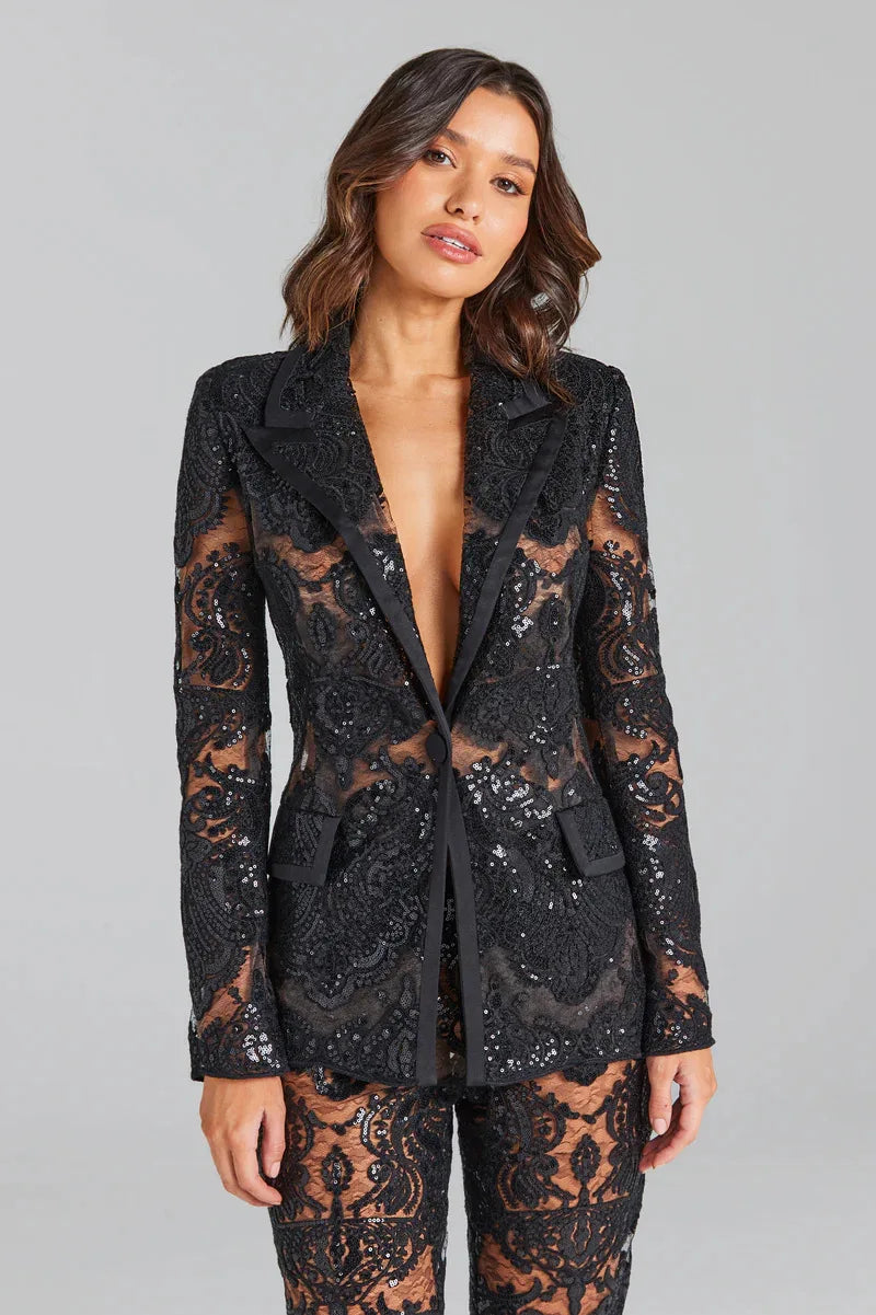 Casual Designer Single Button Zipper Fly Lace Blazer Flare Suit Set Mssza