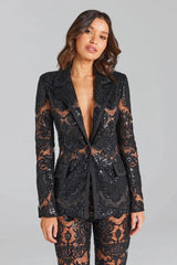 Casual Designer Single Button Zipper Fly Lace Blazer Flare Suit Set Mssza