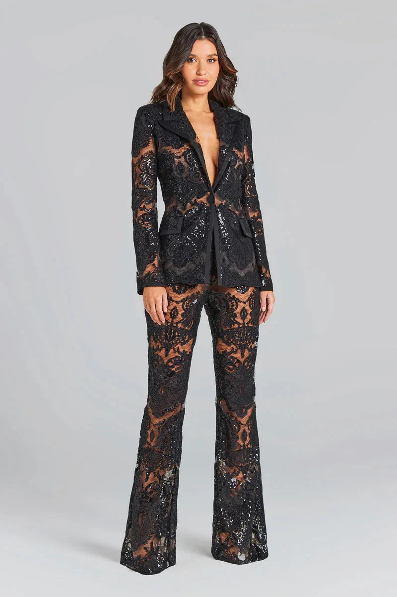 Casual Designer Single Button Zipper Fly Lace Blazer Flare Suit Set Mssza