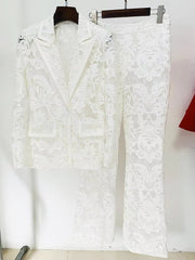 Casual Designer Single Button Zipper Fly Lace Blazer Flare Suit Set Mssza