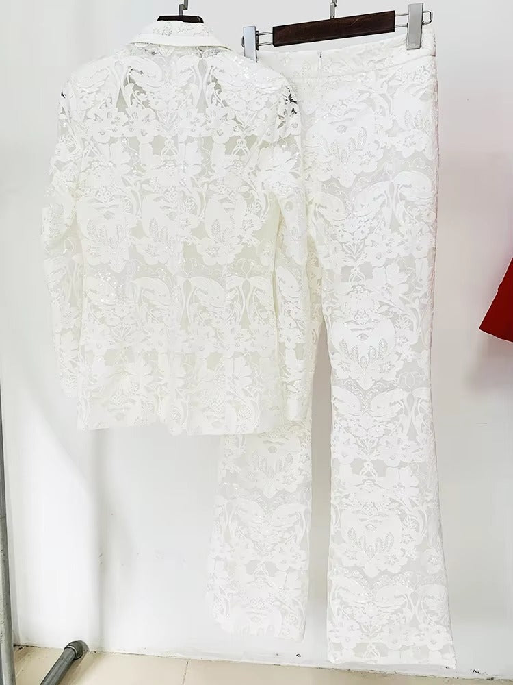 Casual Designer Single Button Zipper Fly Lace Blazer Flare Suit Set Mssza