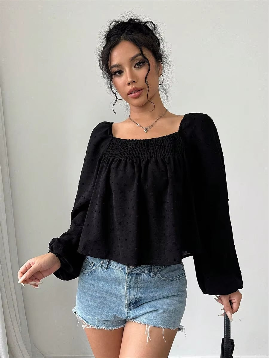 Casual Dot Long Sleeve Square Neck Lantern Sleeve Loose Short Blouses Tops Mssza