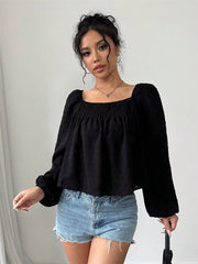 Casual Dot Long Sleeve Square Neck Lantern Sleeve Loose Short Blouses Tops Mssza