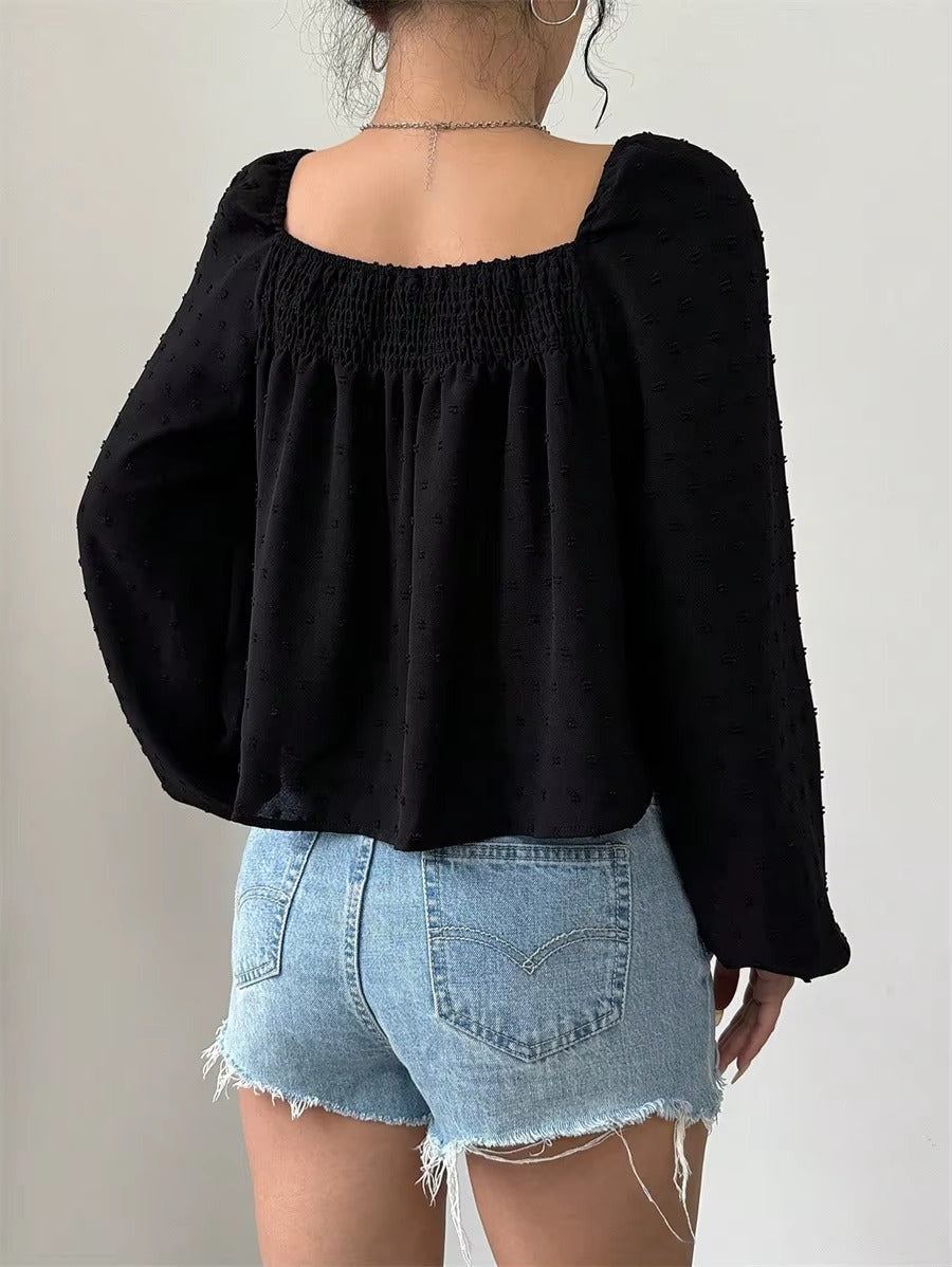 Casual Dot Long Sleeve Square Neck Lantern Sleeve Loose Short Blouses Tops Mssza