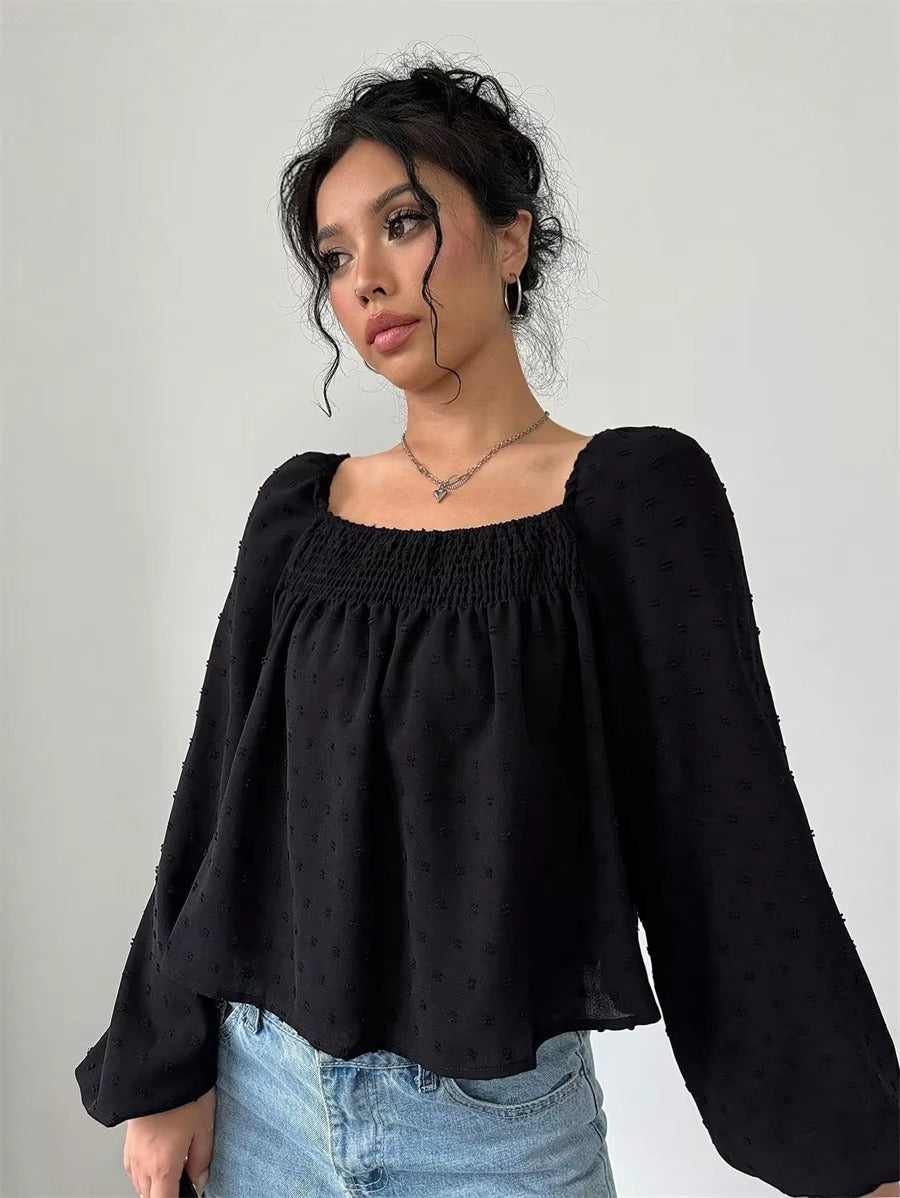 Casual Dot Long Sleeve Square Neck Lantern Sleeve Loose Short Blouses Tops Mssza