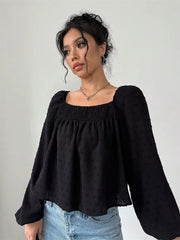 Casual Dot Long Sleeve Square Neck Lantern Sleeve Loose Short Blouses Tops Mssza