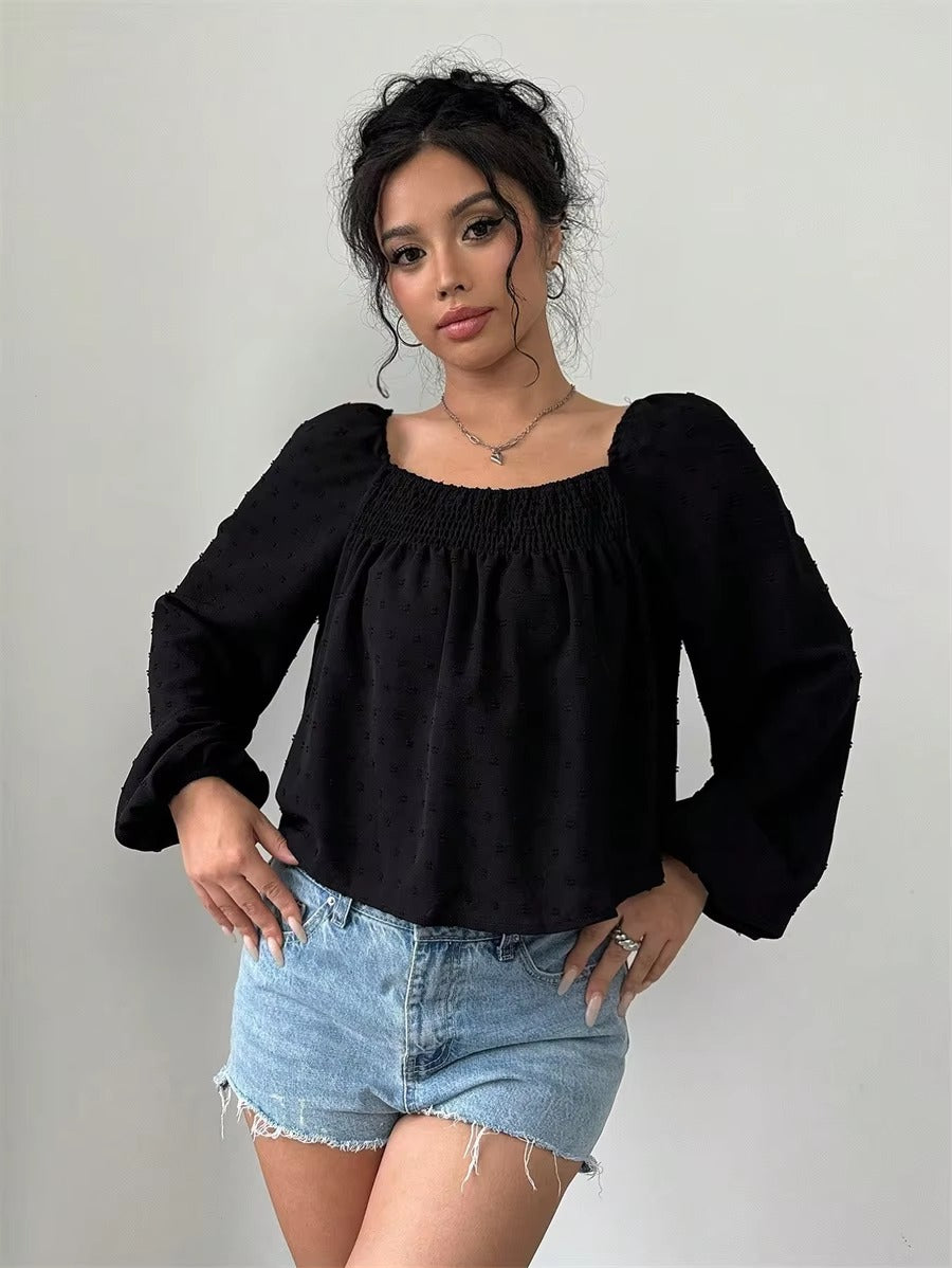 Casual Dot Long Sleeve Square Neck Lantern Sleeve Loose Short Blouses Tops Mssza