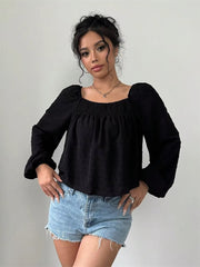 Casual Dot Long Sleeve Square Neck Lantern Sleeve Loose Short Blouses Tops Mssza