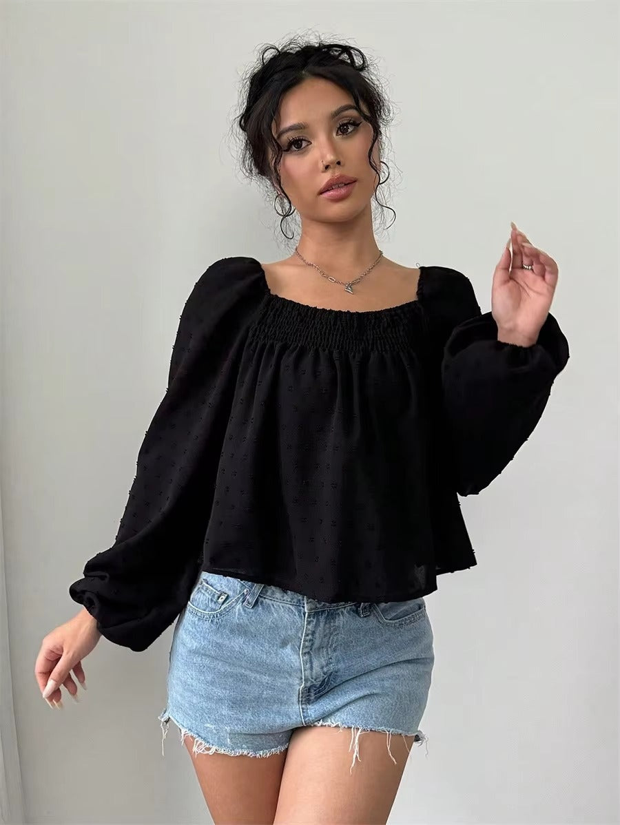 Casual Dot Long Sleeve Square Neck Lantern Sleeve Loose Short Blouses Tops Mssza