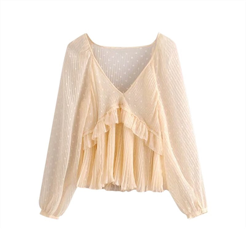Casual Dot Print Ruffles Transparent V Neck Solid Top Mssza