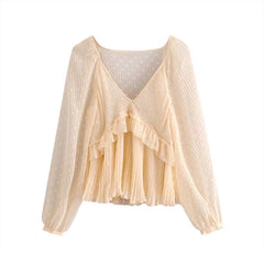 Casual Dot Print Ruffles Transparent V Neck Solid Top Mssza