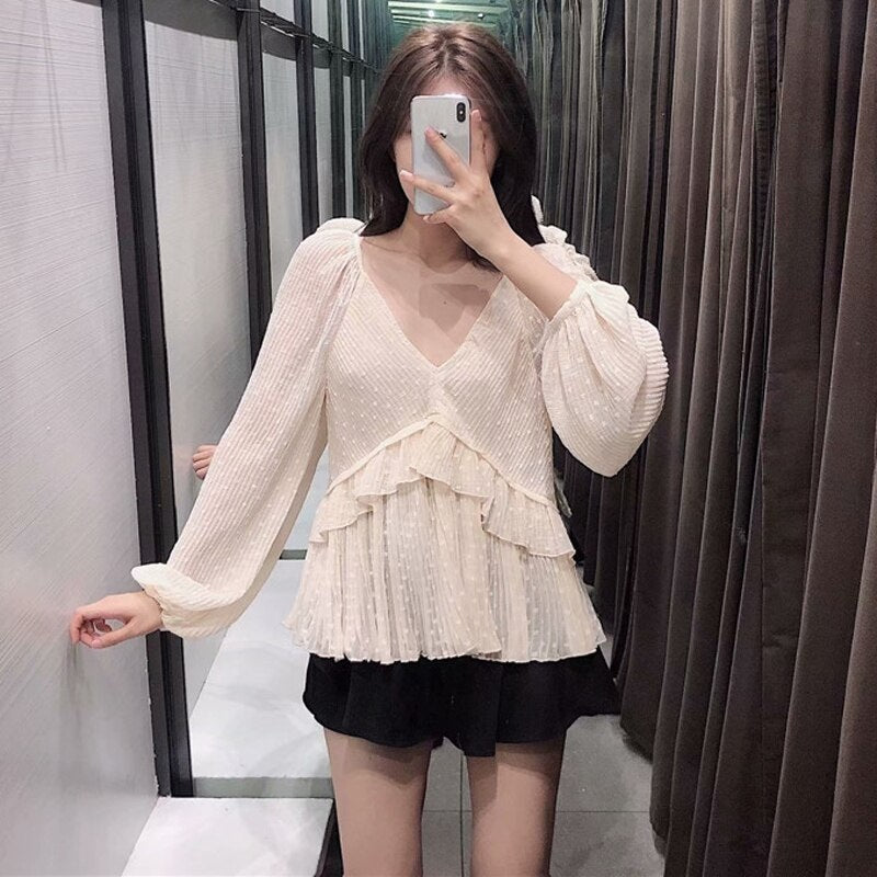 Casual Dot Print Ruffles Transparent V Neck Solid Top Mssza