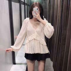 Casual Dot Print Ruffles Transparent V Neck Solid Top Mssza