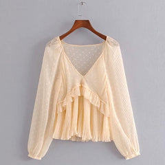 Casual Dot Print Ruffles Transparent V Neck Solid Top Mssza