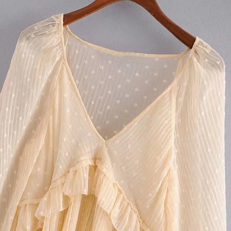 Casual Dot Print Ruffles Transparent V Neck Solid Top Mssza