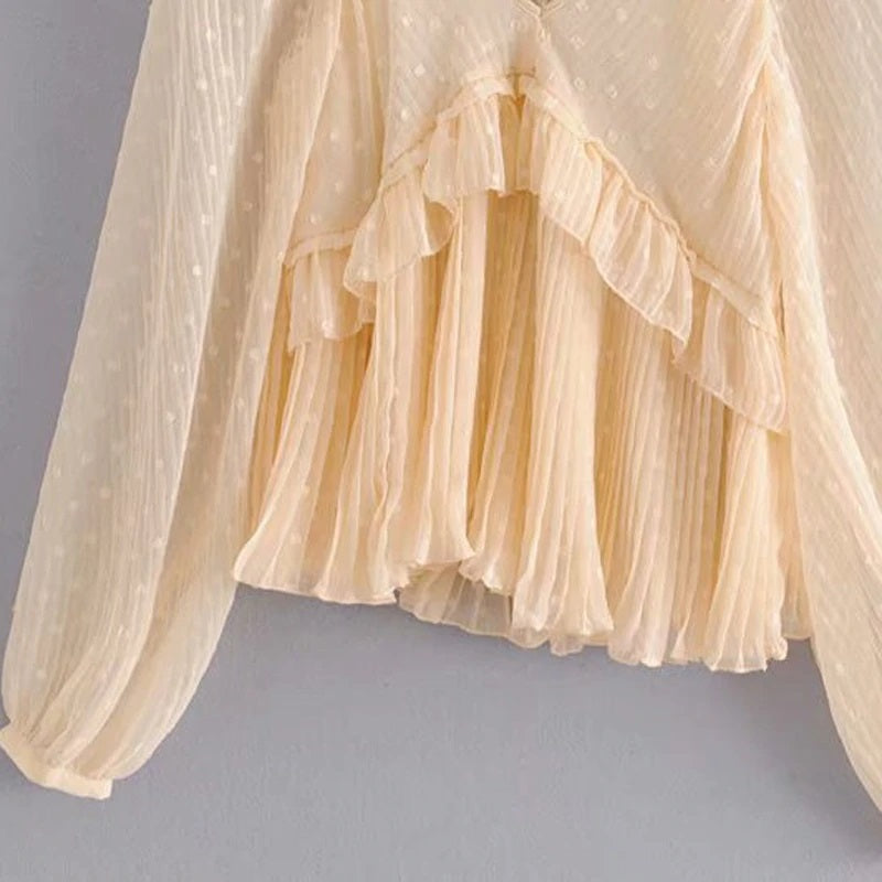Casual Dot Print Ruffles Transparent V Neck Solid Top Mssza