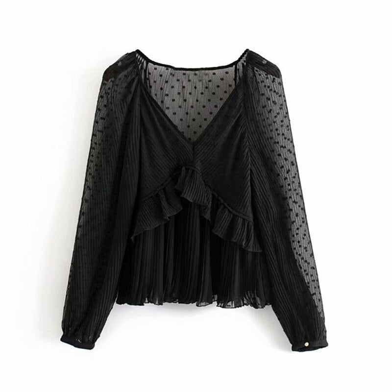 Casual Dot Print Ruffles Transparent V Neck Solid Top Mssza