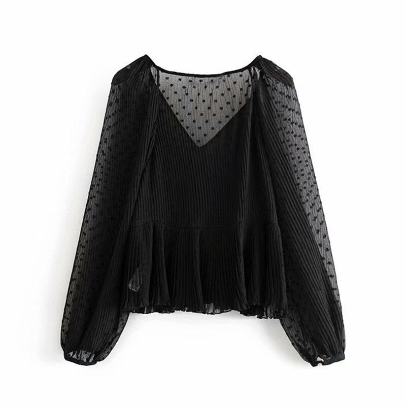 Casual Dot Print Ruffles Transparent V Neck Solid Top Mssza