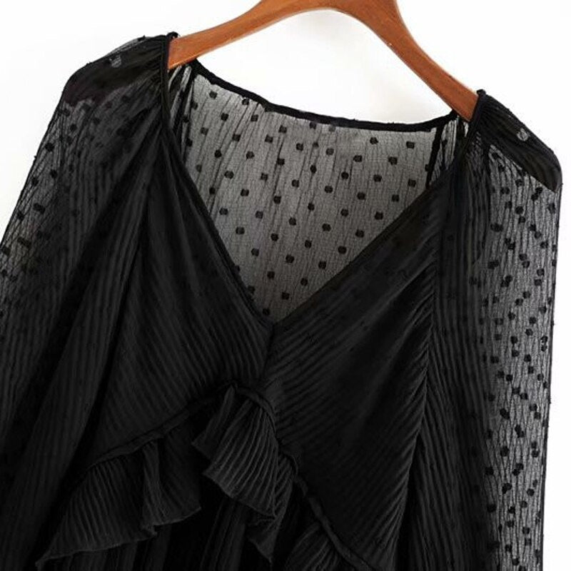 Casual Dot Print Ruffles Transparent V Neck Solid Top Mssza