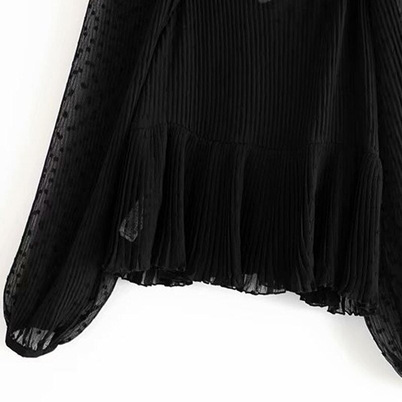 Casual Dot Print Ruffles Transparent V Neck Solid Top Mssza