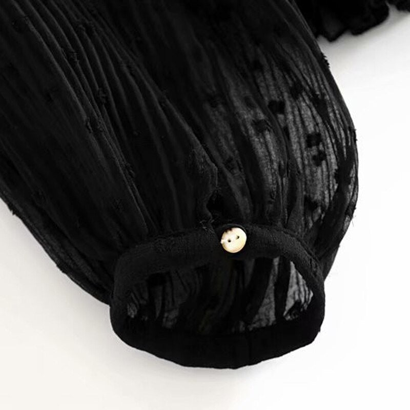 Casual Dot Print Ruffles Transparent V Neck Solid Top Mssza