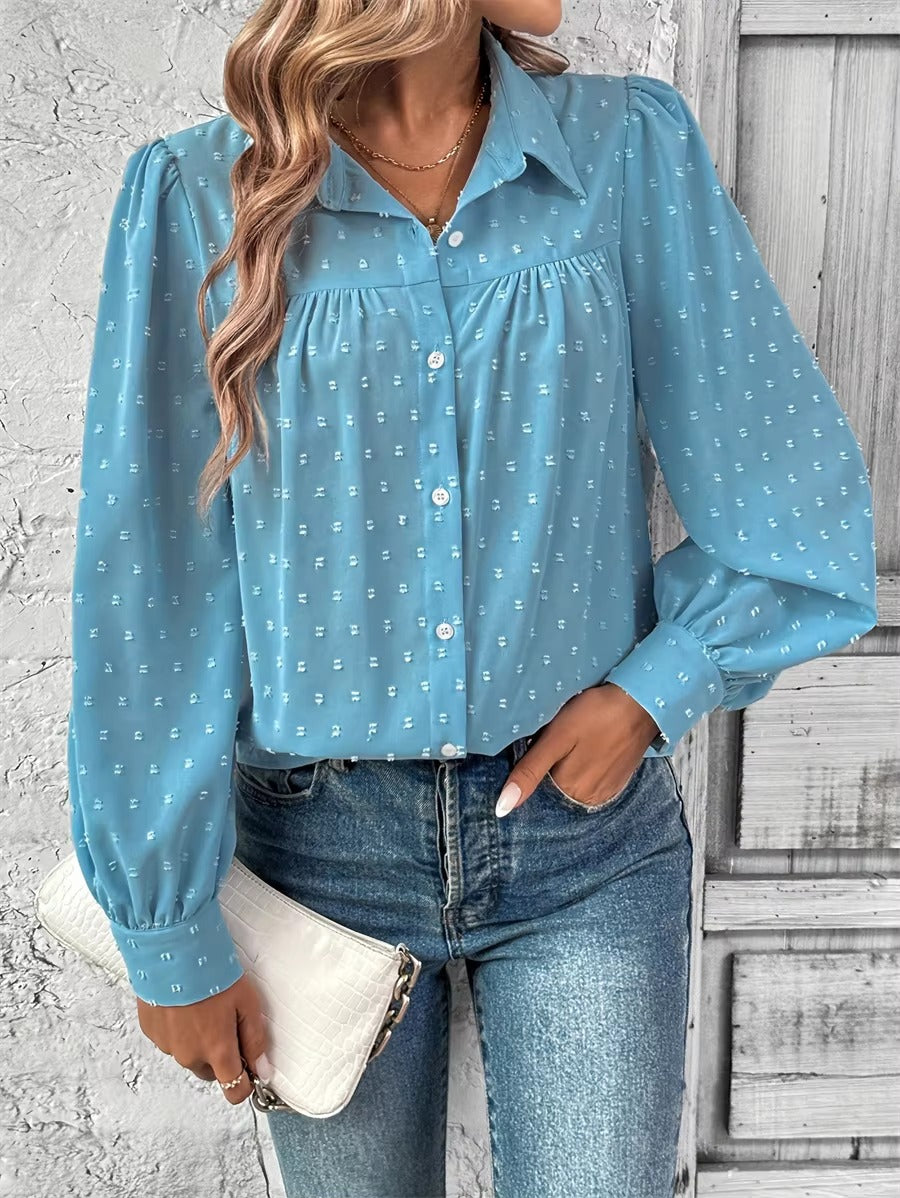 Casual Dot Turn-down Collar Long Sleeve Button up Loose Blouses Shirts Tops Mssza