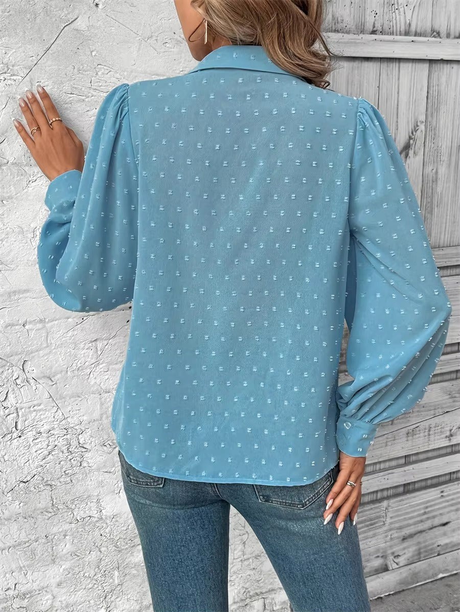 Casual Dot Turn-down Collar Long Sleeve Button up Loose Blouses Shirts Tops Mssza
