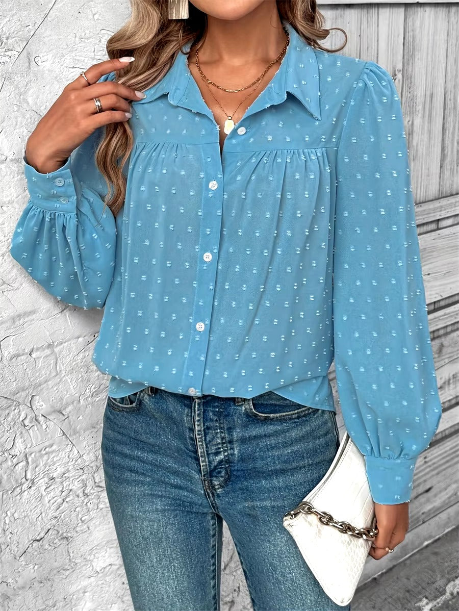 Casual Dot Turn-down Collar Long Sleeve Button up Loose Blouses Shirts Tops Mssza