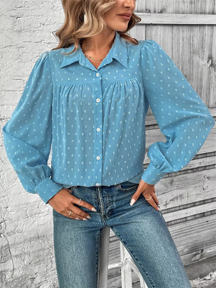 Casual Dot Turn-down Collar Long Sleeve Button up Loose Blouses Shirts Tops Mssza