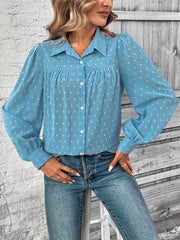 Casual Dot Turn-down Collar Long Sleeve Button up Loose Blouses Shirts Tops Mssza