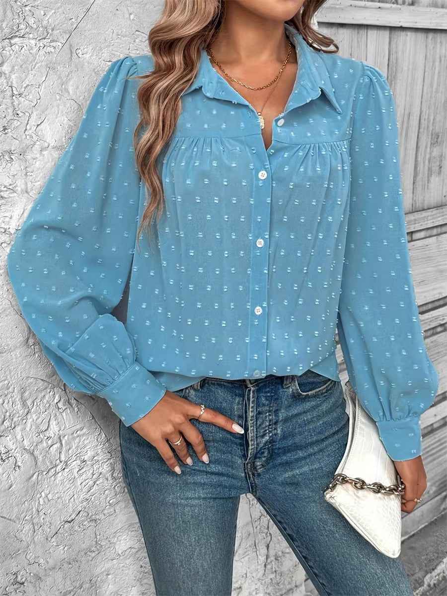 Casual Dot Turn-down Collar Long Sleeve Button up Loose Blouses Shirts Tops Mssza