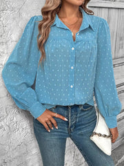 Casual Dot Turn-down Collar Long Sleeve Button up Loose Blouses Shirts Tops Mssza