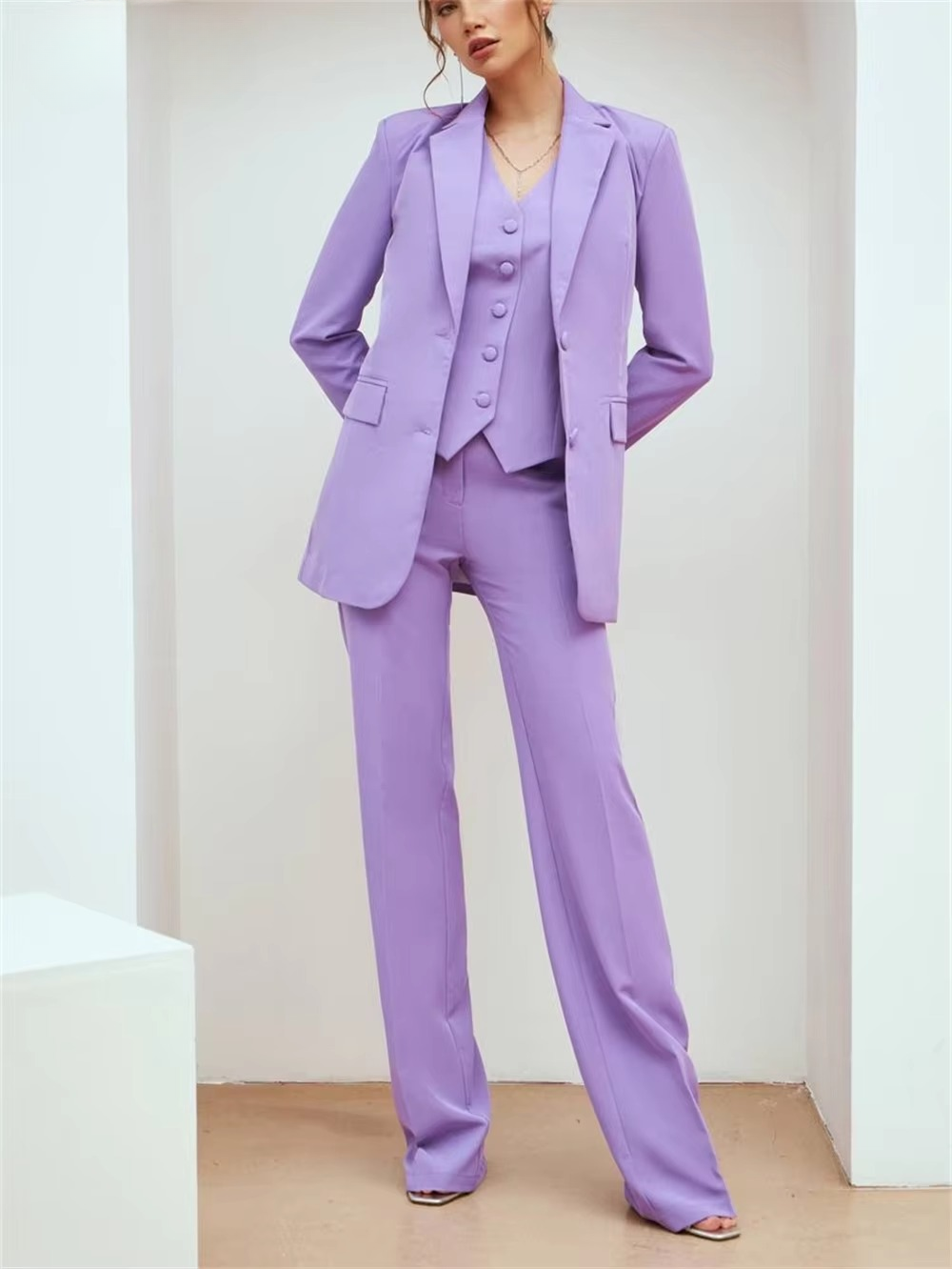 Casual Double Breasted Notched Blazer Vest Pants Solid Tuxedo Plus Size Three Piece Office Suit Mssza