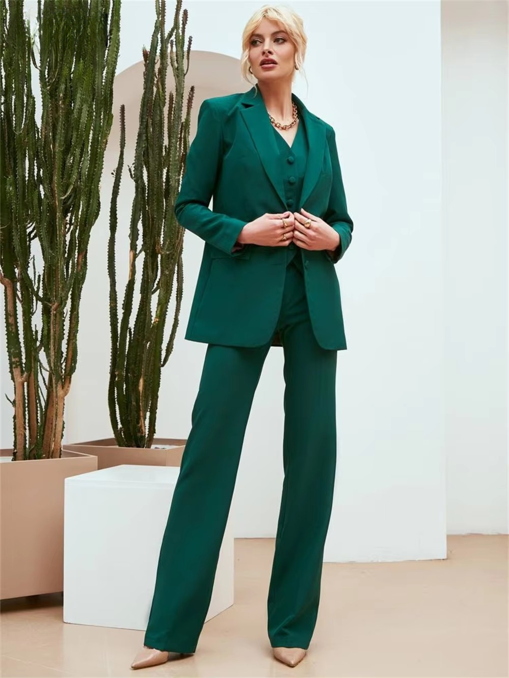 Casual Double Breasted Notched Blazer Vest Pants Solid Tuxedo Plus Size Three Piece Office Suit Mssza