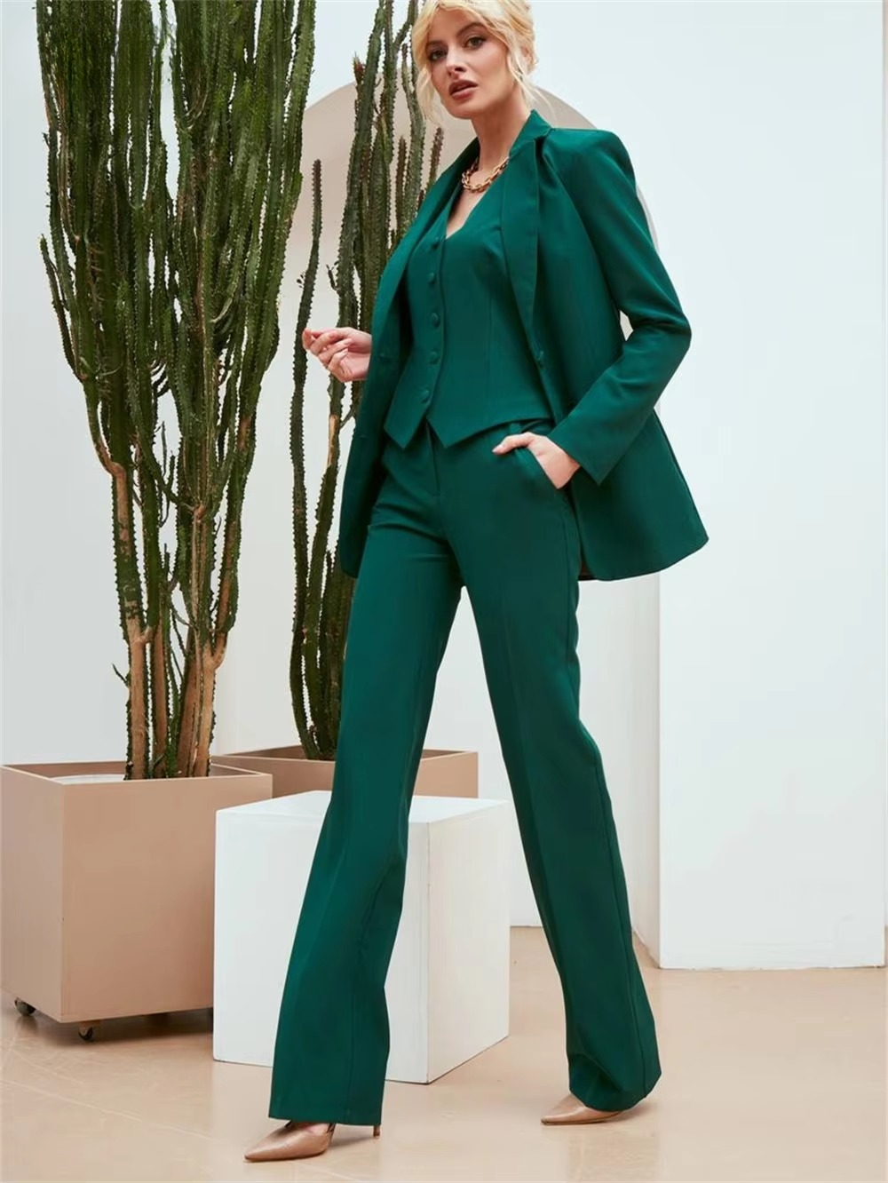 Casual Double Breasted Notched Blazer Vest Pants Solid Tuxedo Plus Size Three Piece Office Suit Mssza