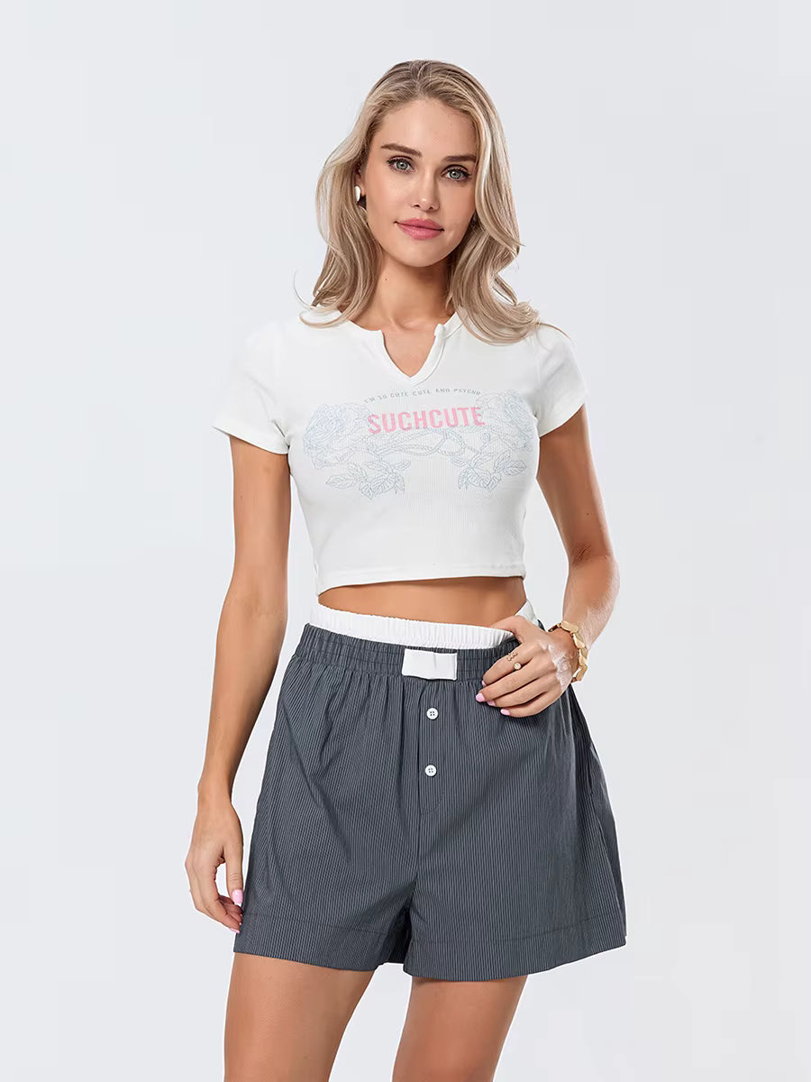 Casual Double Layered Elastic Waist Button Front Wide Shorts Mssza