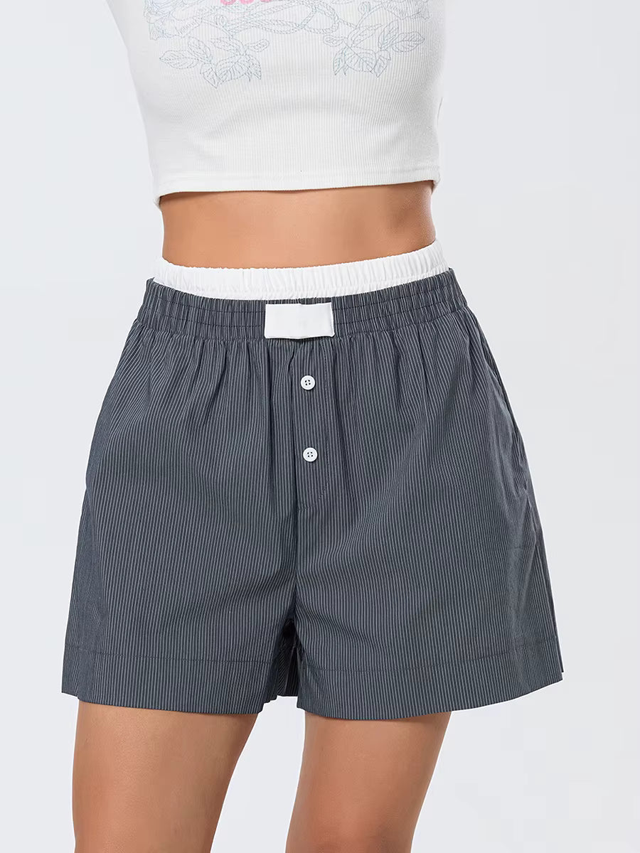 Casual Double Layered Elastic Waist Button Front Wide Shorts Mssza