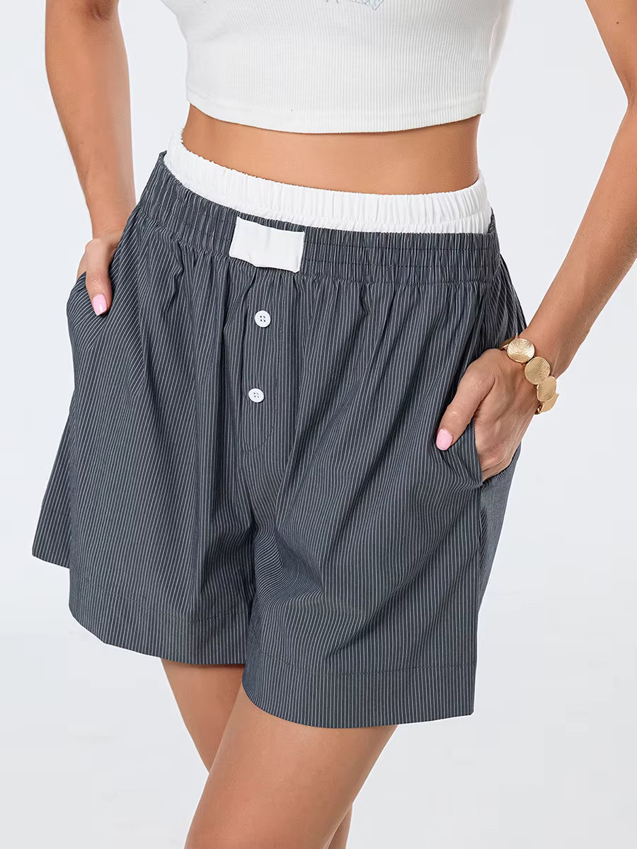 Casual Double Layered Elastic Waist Button Front Wide Shorts Mssza