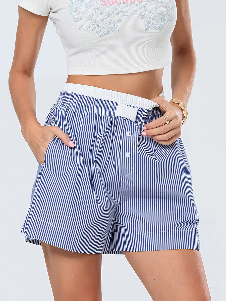 Casual Double Layered Elastic Waist Button Front Wide Shorts Mssza