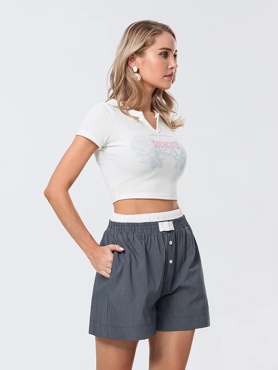 Casual Double Layered Elastic Waist Button Front Wide Shorts Mssza