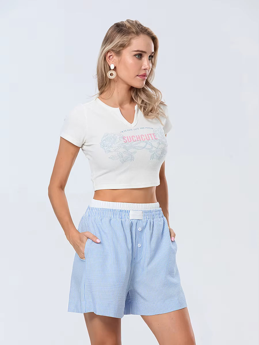 Casual Double Layered Elastic Waist Button Front Wide Shorts Mssza