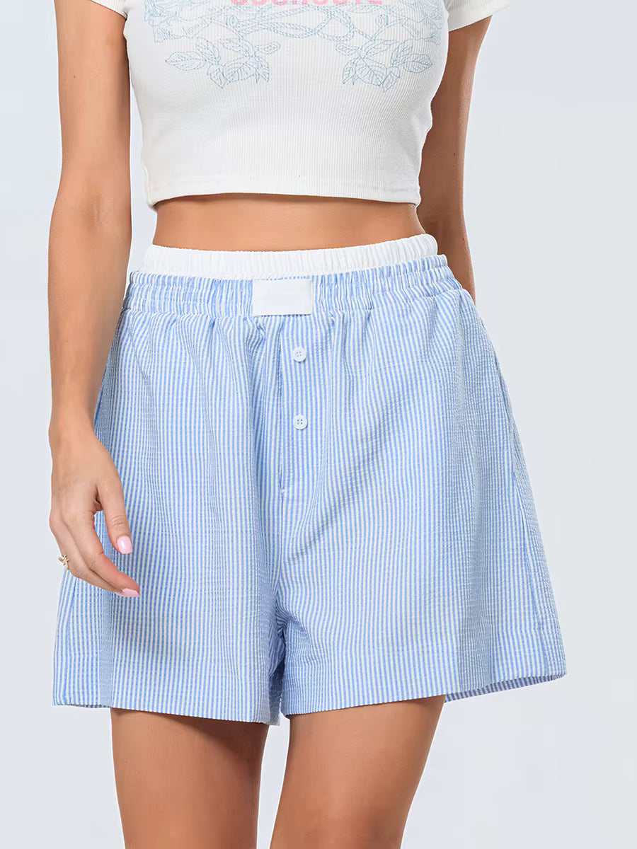 Casual Double Layered Elastic Waist Button Front Wide Shorts Mssza