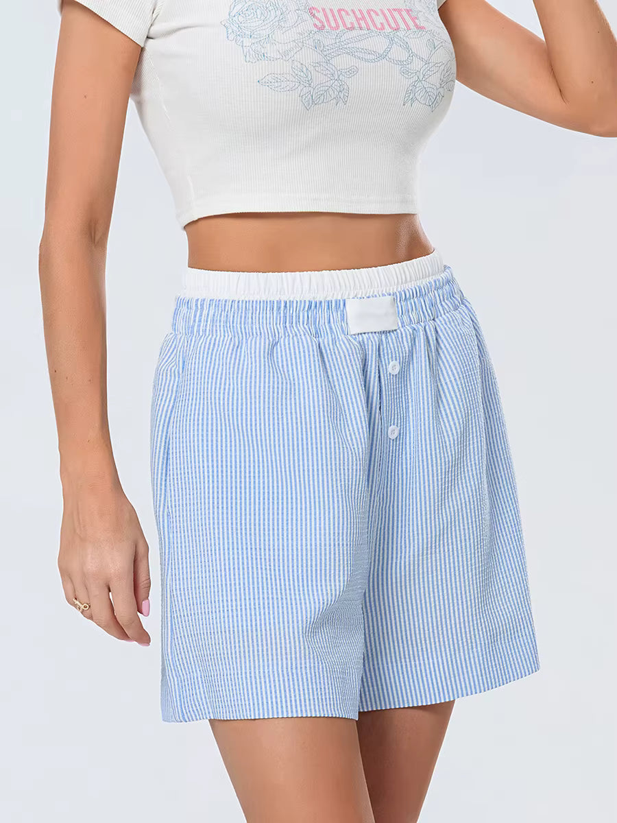 Casual Double Layered Elastic Waist Button Front Wide Shorts Mssza