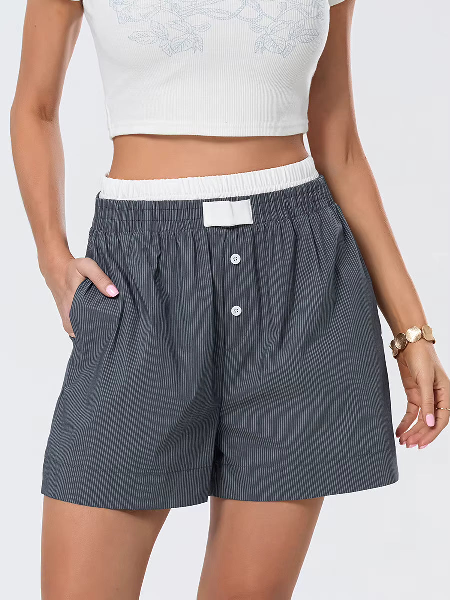 Casual Double Layered Elastic Waist Button Front Wide Shorts Mssza