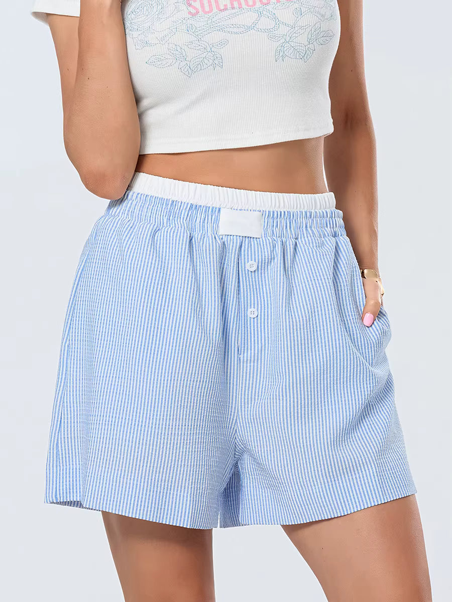 Casual Double Layered Elastic Waist Button Front Wide Shorts Mssza