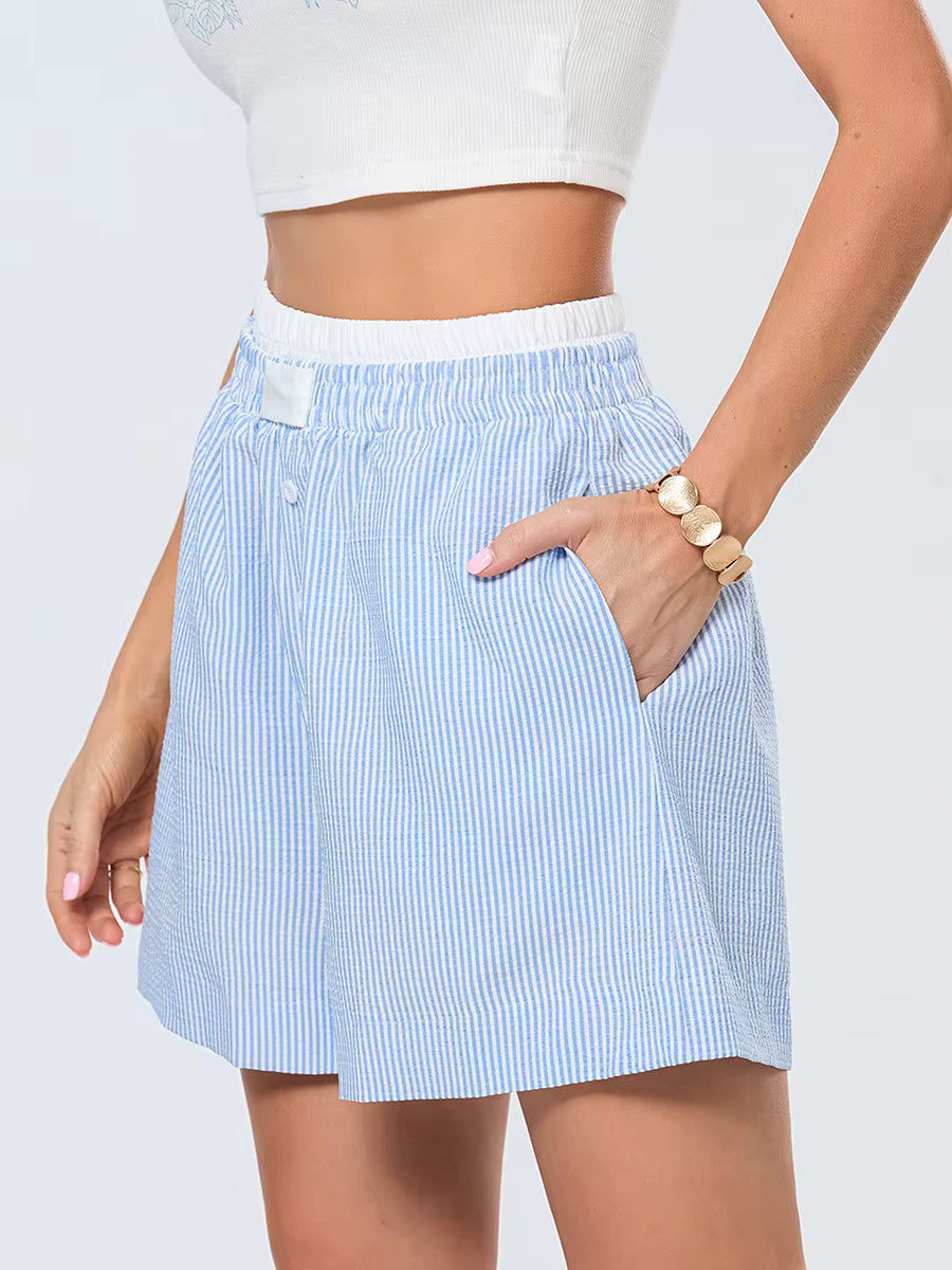 Casual Double Layered Elastic Waist Button Front Wide Shorts Mssza